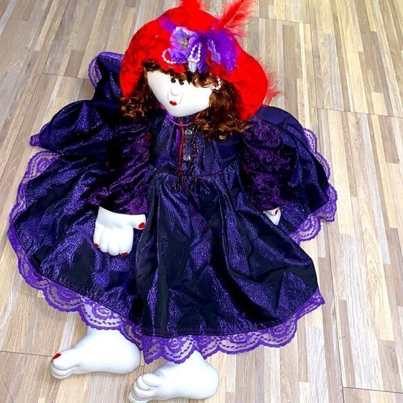 Red Hat Society Doll purple dress red fancy hat with feather farmhouse vintage - Picture 7 of 7